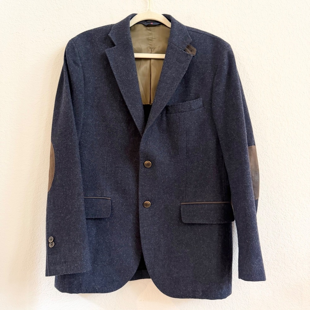 Massimo Dutti Mens Navy Blue Wool Blazer Sport Coat Elbow Patches SZ 40 US 50 EU